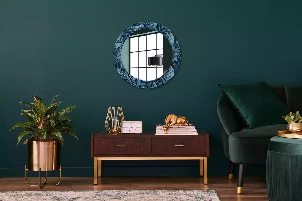 Miroir rond cadre avec impression Feuilles de jungle