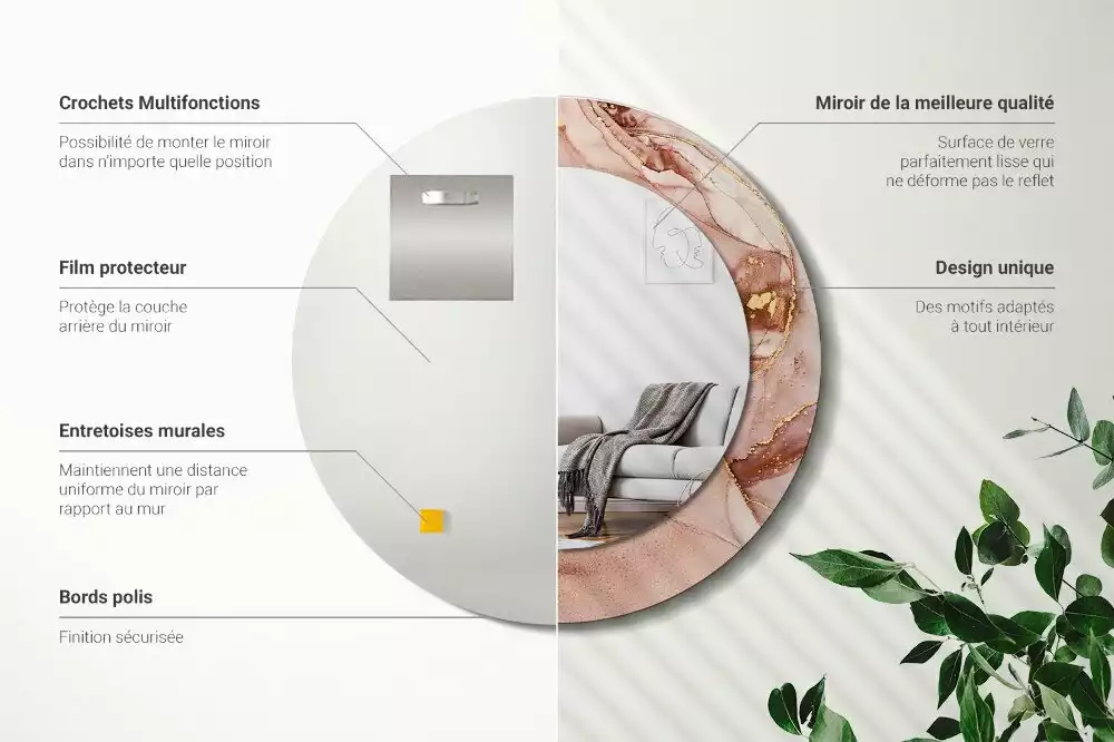 Miroir rond cadre avec impression Fluide abstrait