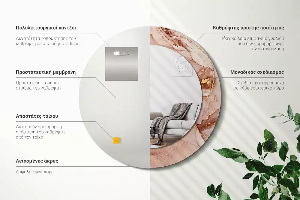 Miroir rond cadre avec impression Fluide abstrait