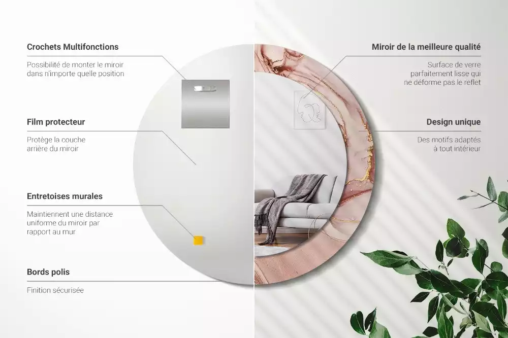 Miroir rond cadre avec impression Fluide abstrait