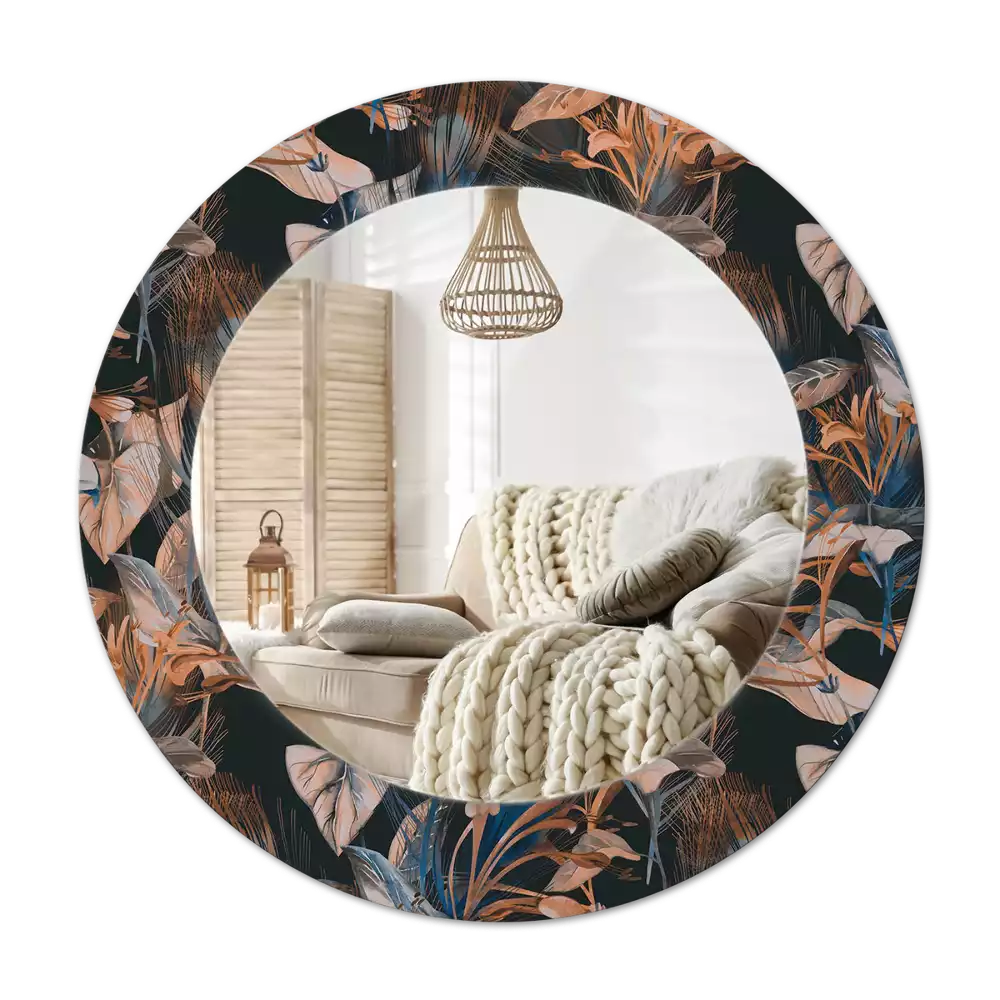 Miroir rond cadre avec impression Feuilles tropicales sombres