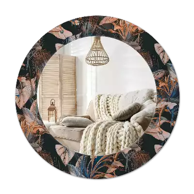 Miroir rond cadre avec impression Feuilles tropicales sombres