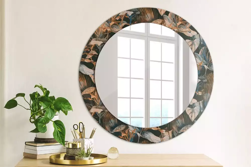 Miroir rond cadre avec impression Feuilles tropicales sombres