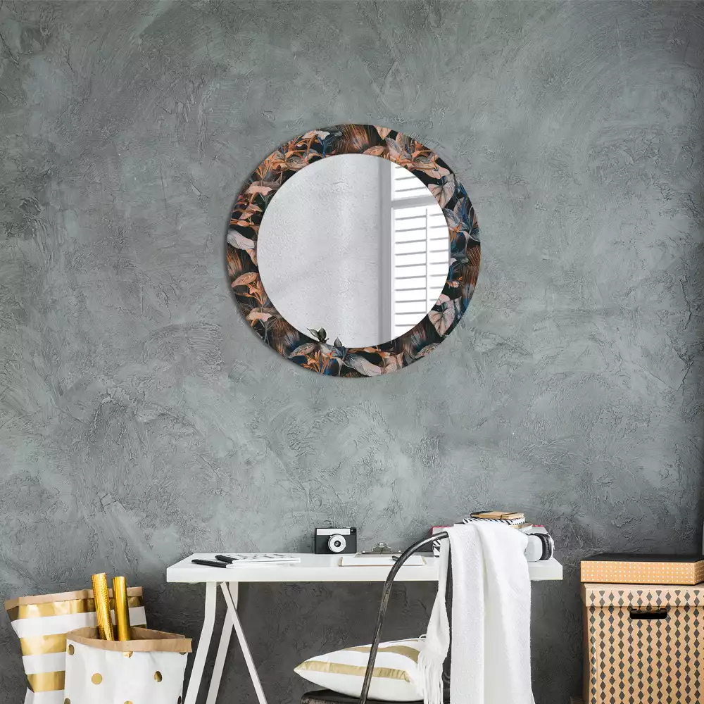 Miroir rond cadre avec impression Feuilles tropicales sombres