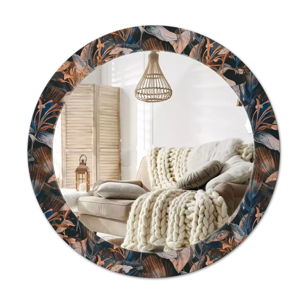 Miroir rond cadre avec impression Feuilles tropicales sombres