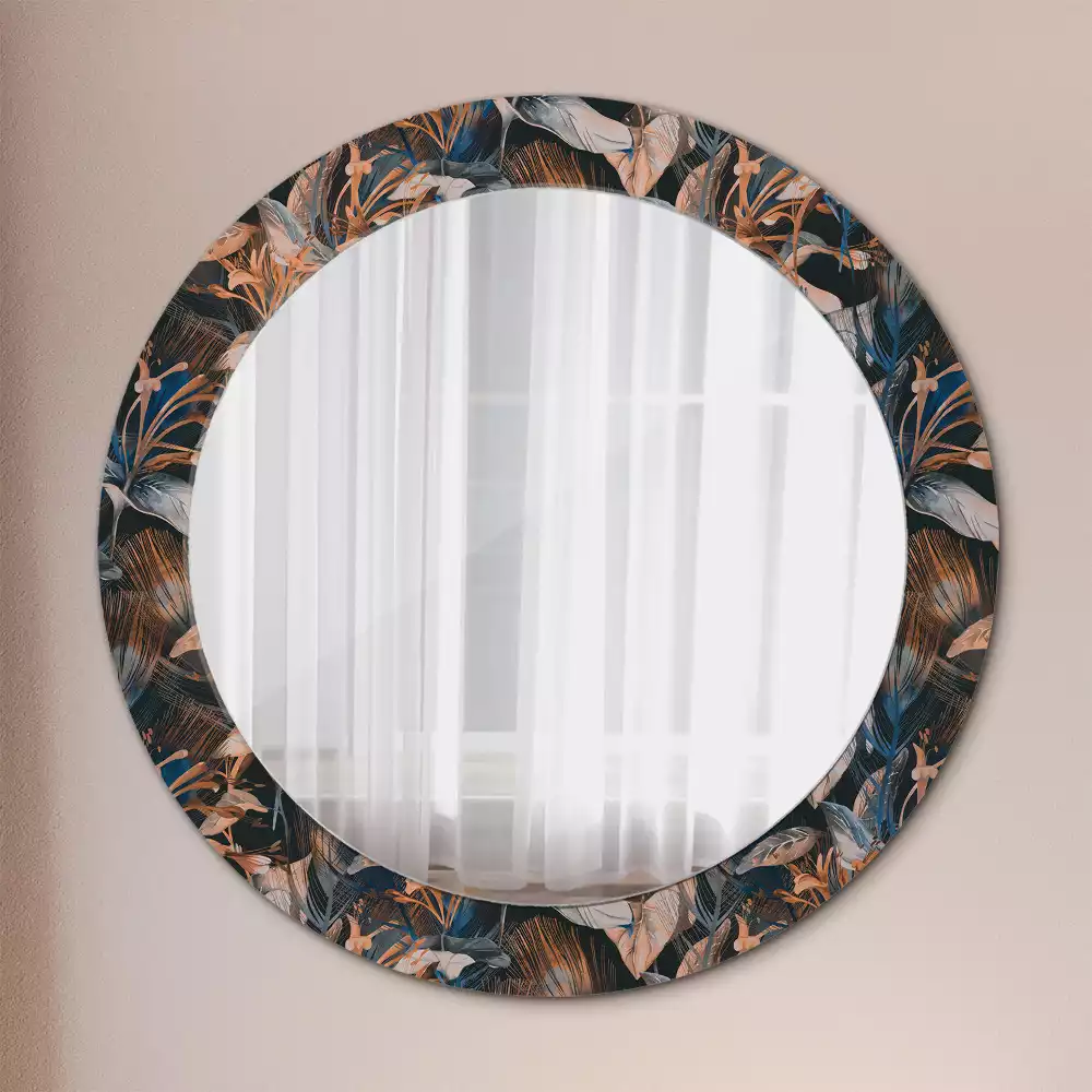 Miroir rond cadre avec impression Feuilles tropicales sombres
