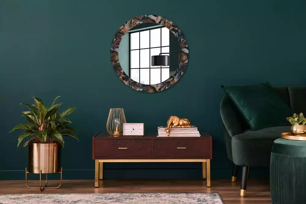 Miroir rond cadre avec impression Feuilles tropicales sombres