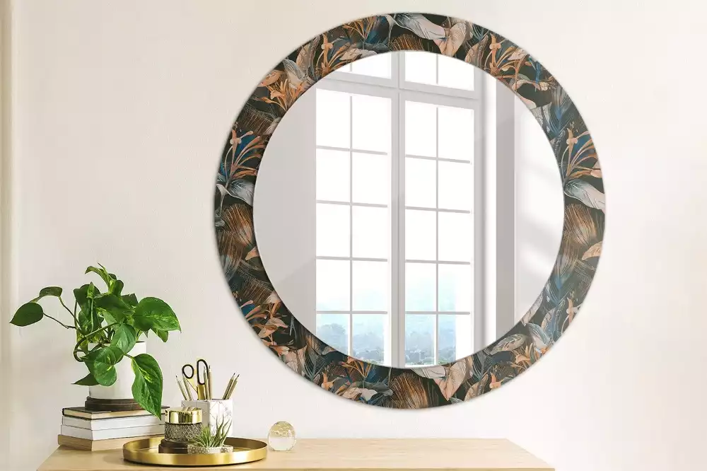 Miroir rond cadre avec impression Feuilles tropicales sombres