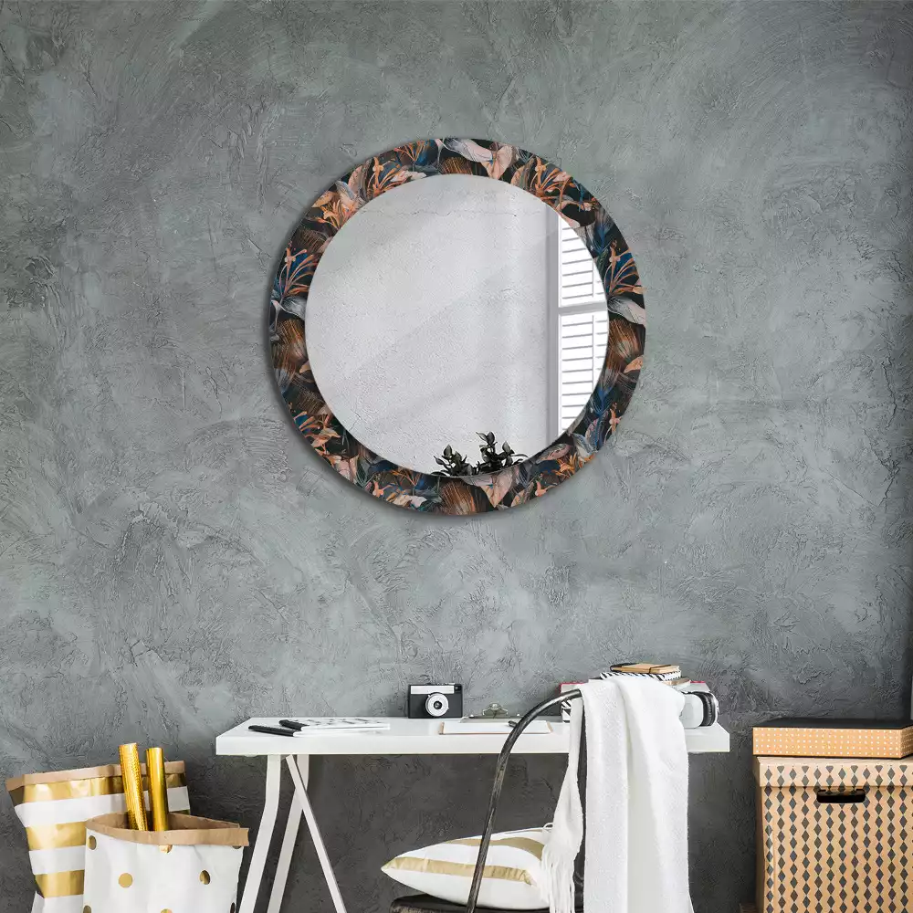 Miroir rond cadre avec impression Feuilles tropicales sombres