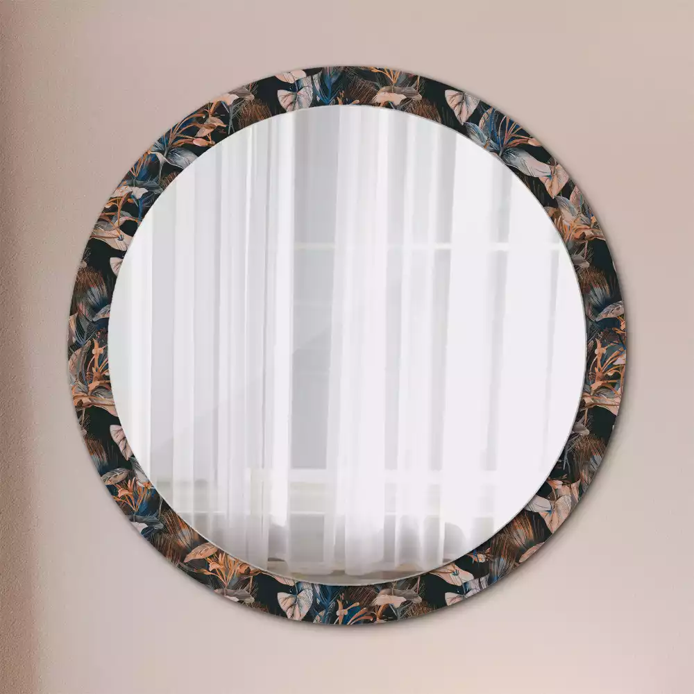 Miroir rond cadre avec impression Feuilles tropicales sombres