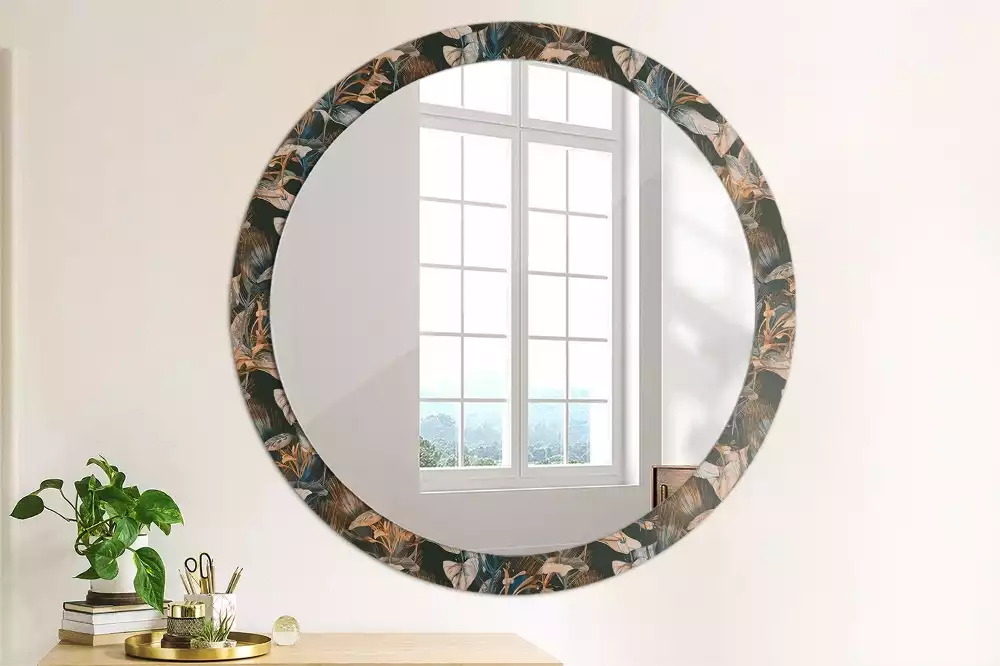 Miroir rond cadre avec impression Feuilles tropicales sombres