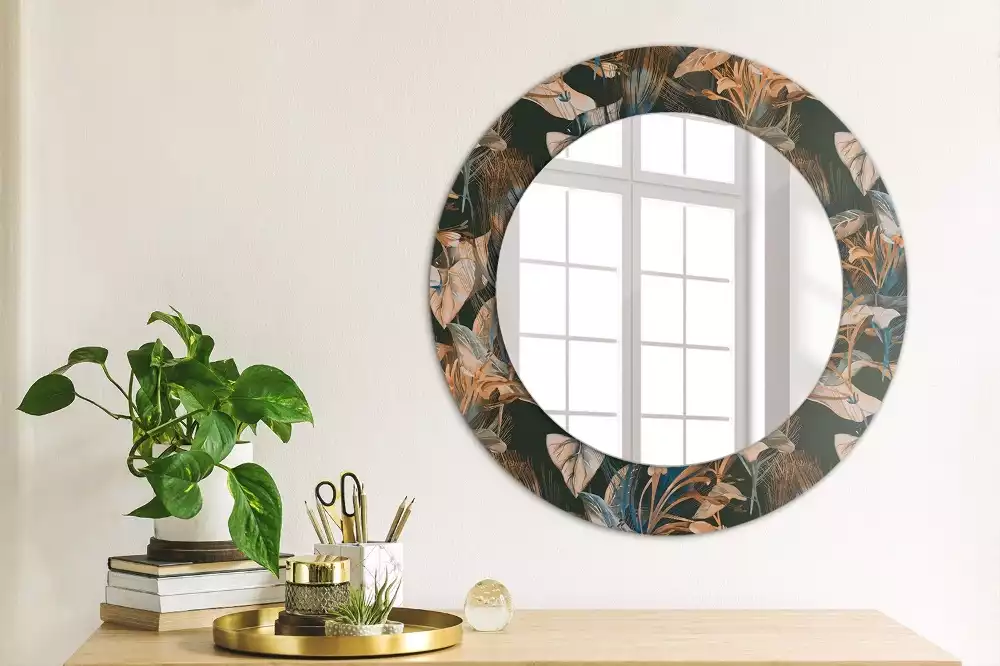 Miroir rond cadre avec impression Feuilles tropicales sombres