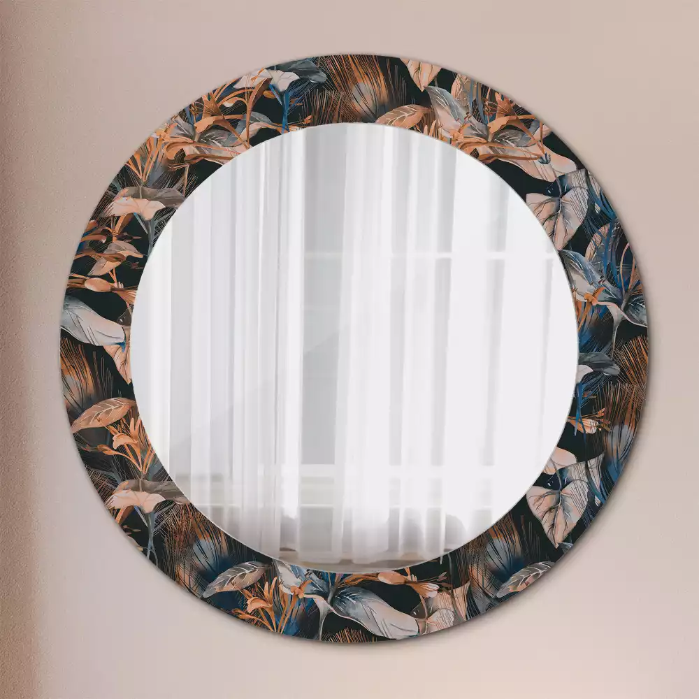 Miroir rond cadre avec impression Feuilles tropicales sombres