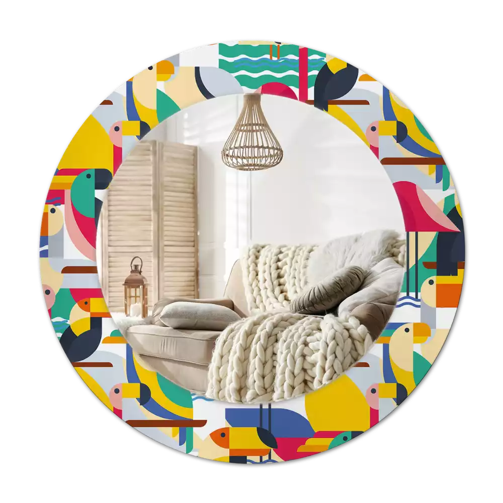 Miroir rond cadre avec impression Oiseaux tropicaux géométriques