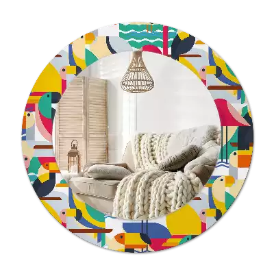 Miroir rond cadre avec impression Oiseaux tropicaux géométriques