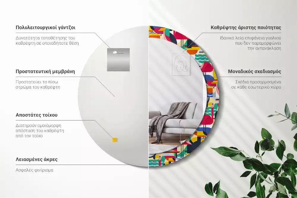 Miroir rond cadre avec impression Oiseaux tropicaux géométriques