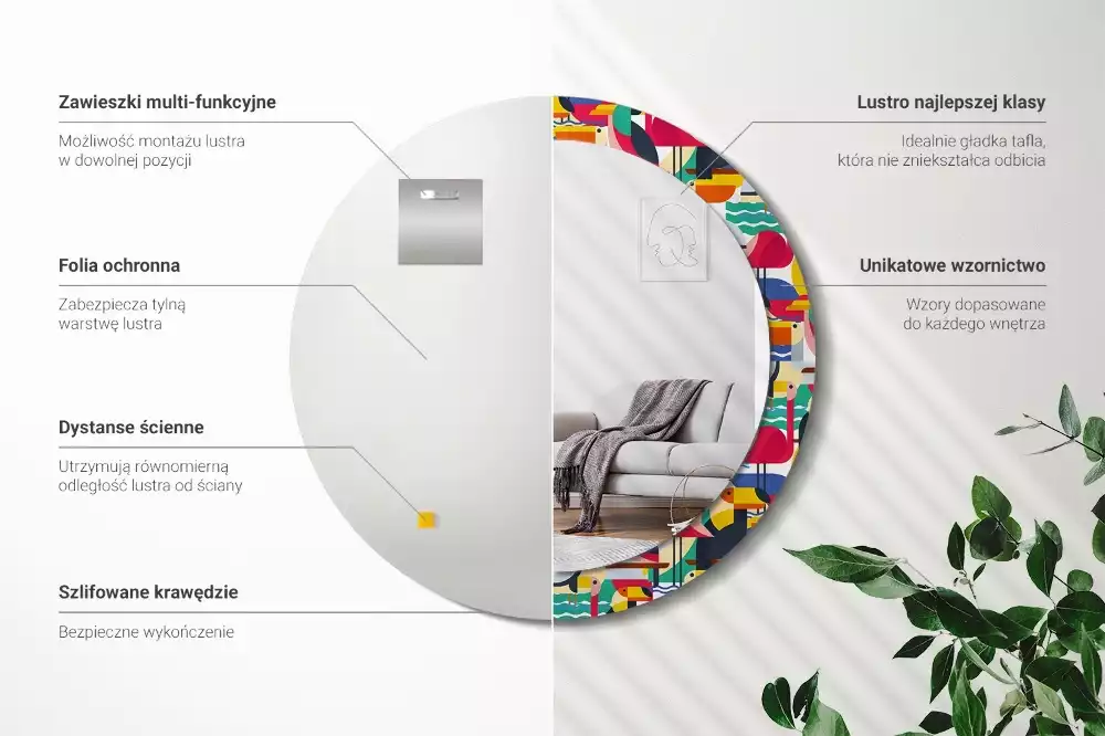 Miroir rond cadre avec impression Oiseaux tropicaux géométriques