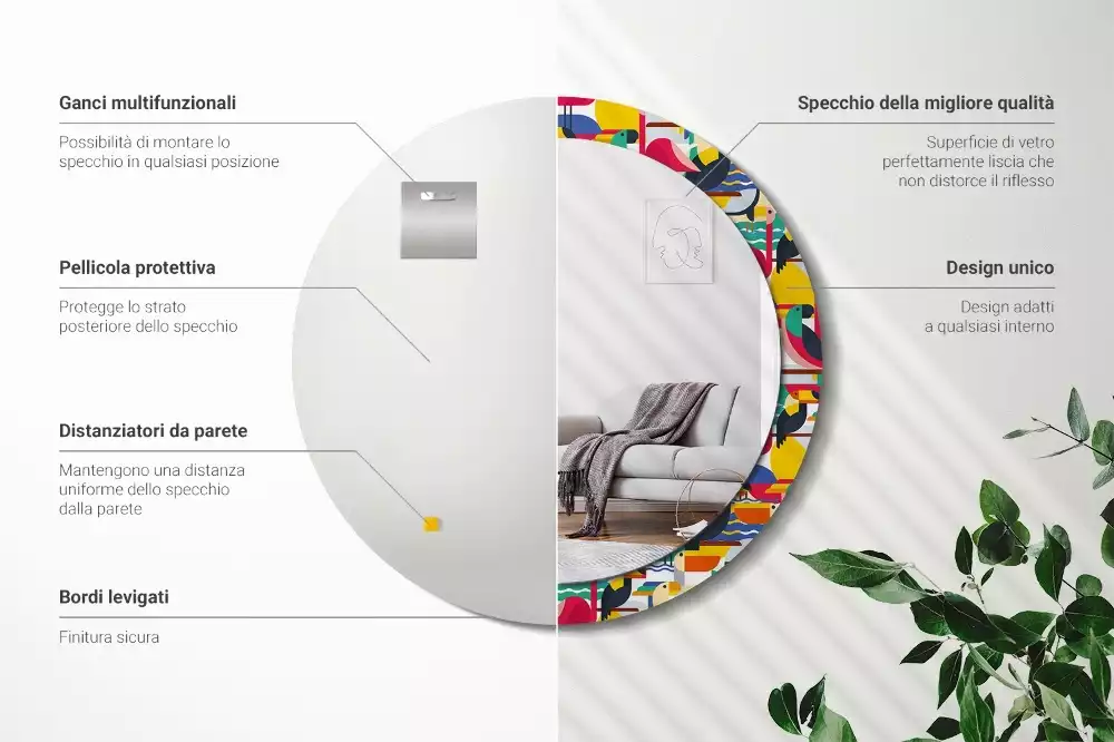 Miroir rond cadre avec impression Oiseaux tropicaux géométriques