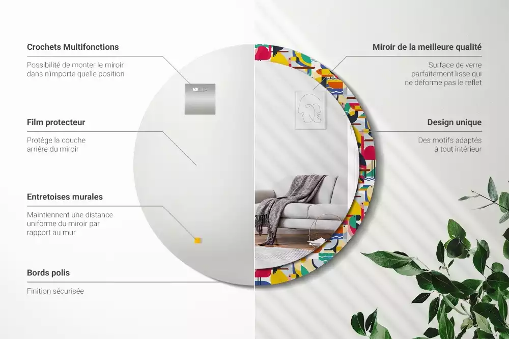 Miroir rond cadre avec impression Oiseaux tropicaux géométriques