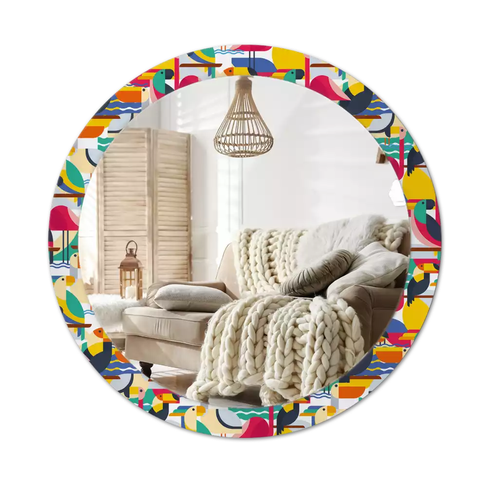 Miroir rond cadre avec impression Oiseaux tropicaux géométriques