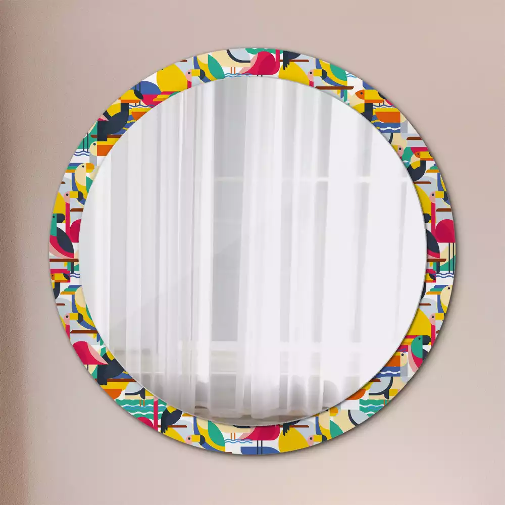 Miroir rond cadre avec impression Oiseaux tropicaux géométriques