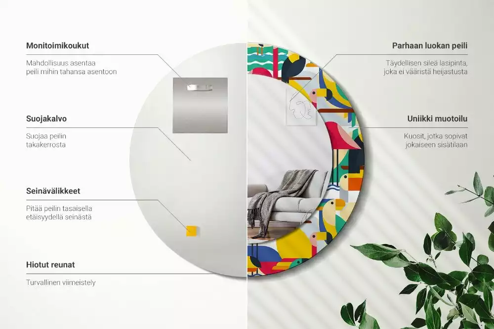 Miroir rond cadre avec impression Oiseaux tropicaux géométriques