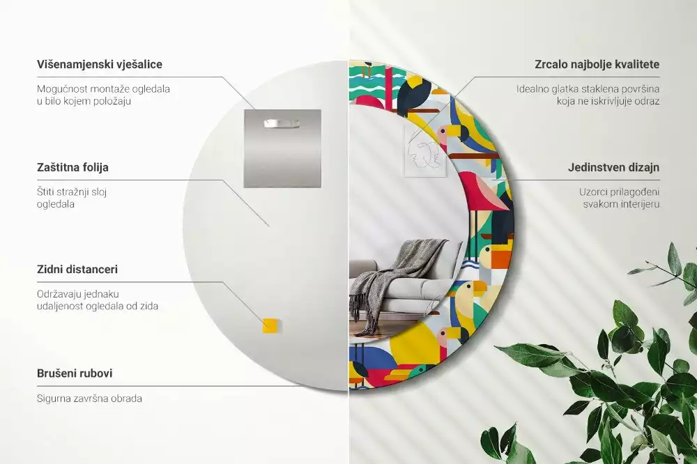 Miroir rond cadre avec impression Oiseaux tropicaux géométriques