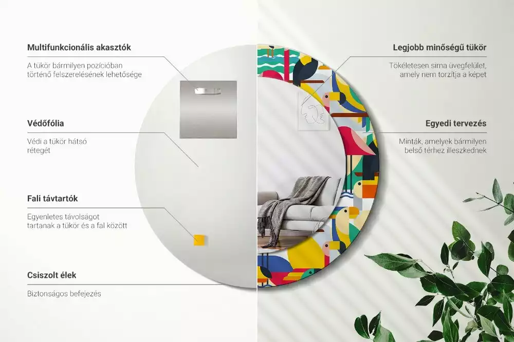 Miroir rond cadre avec impression Oiseaux tropicaux géométriques