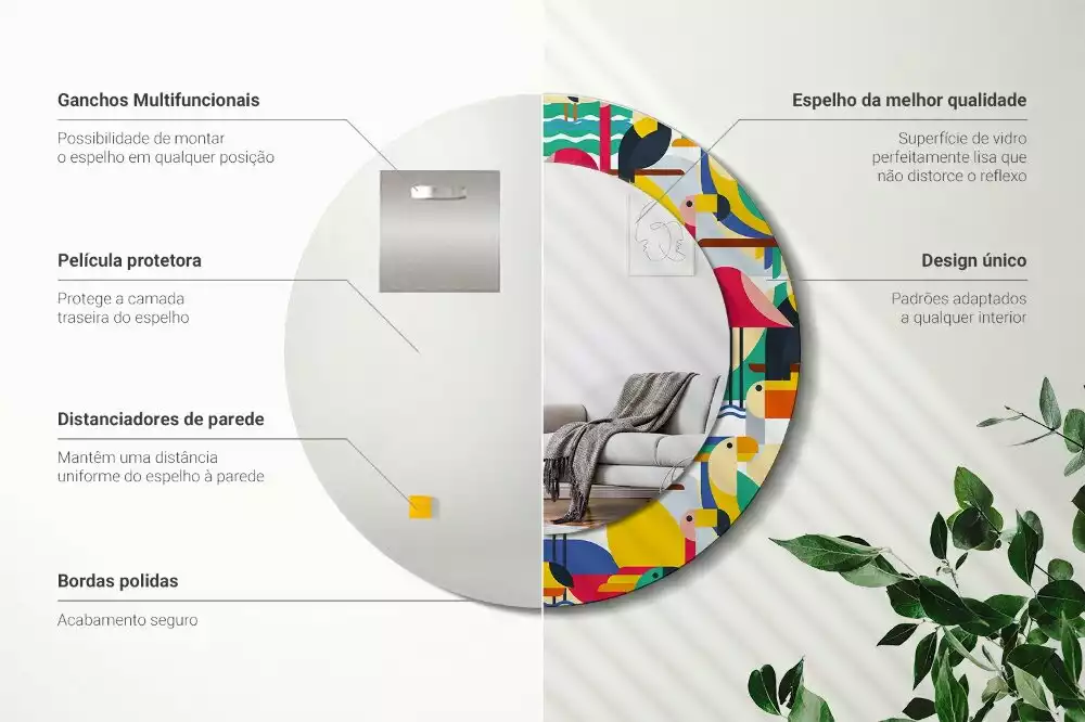 Miroir rond cadre avec impression Oiseaux tropicaux géométriques