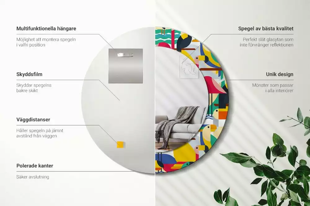 Miroir rond cadre avec impression Oiseaux tropicaux géométriques