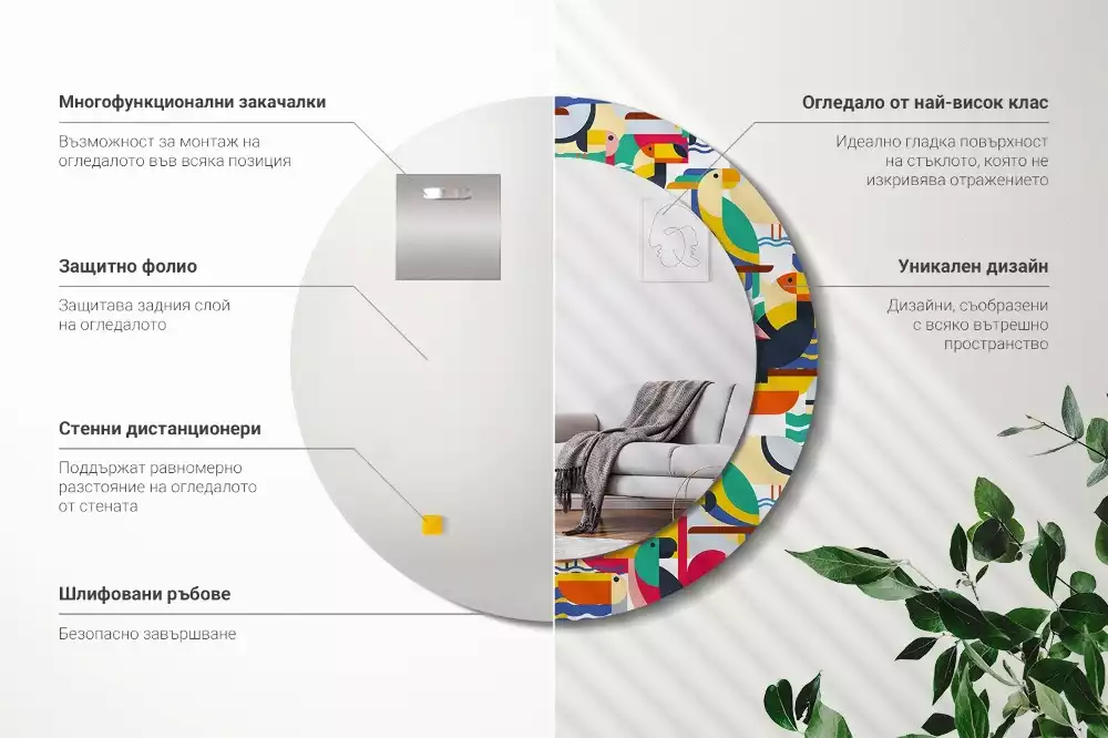 Miroir rond cadre avec impression Oiseaux tropicaux géométriques