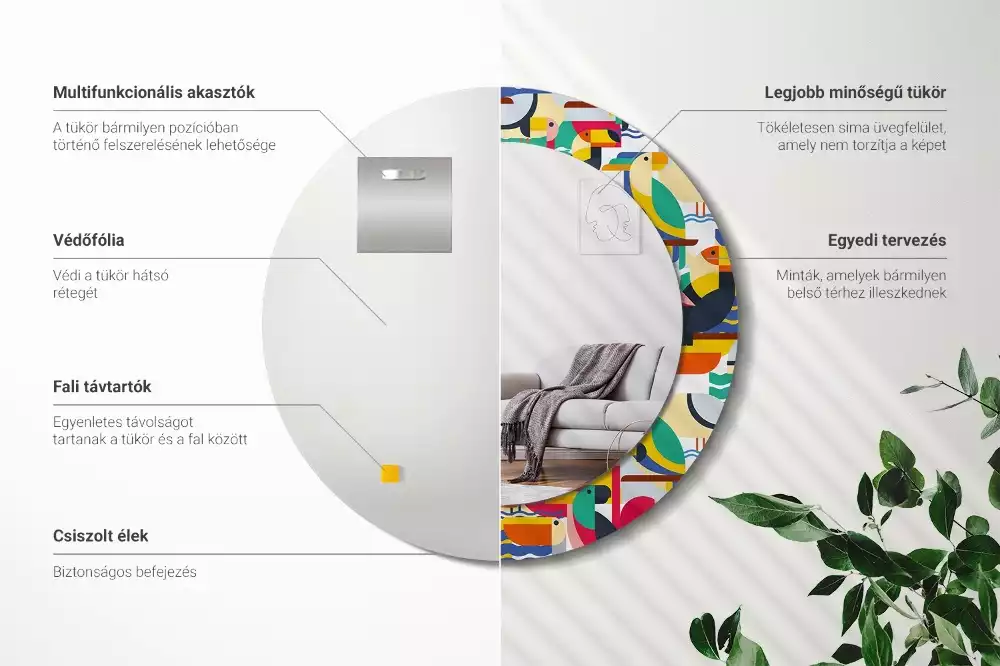 Miroir rond cadre avec impression Oiseaux tropicaux géométriques