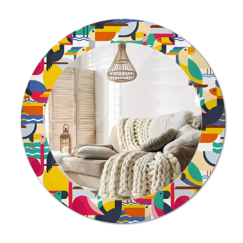 Miroir rond cadre avec impression Oiseaux tropicaux géométriques
