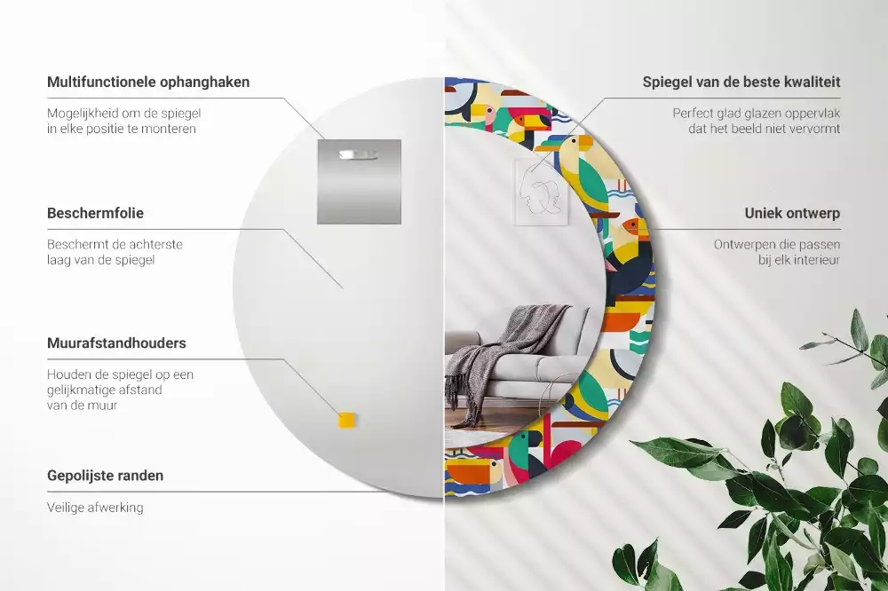 Miroir rond cadre avec impression Oiseaux tropicaux géométriques