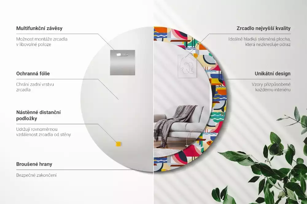 Miroir rond cadre avec impression Oiseaux tropicaux géométriques