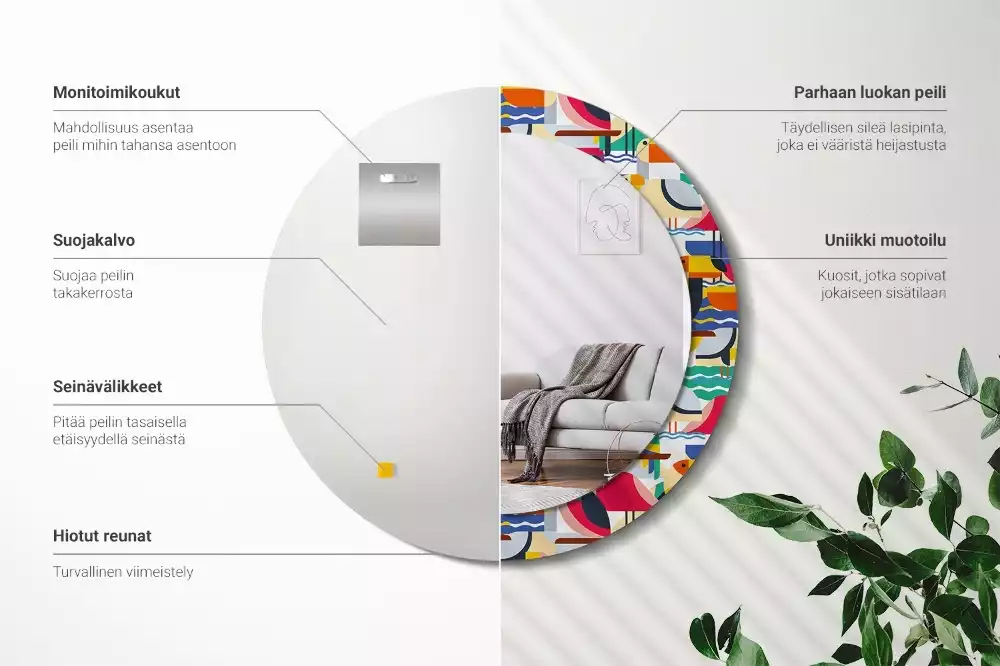 Miroir rond cadre avec impression Oiseaux tropicaux géométriques
