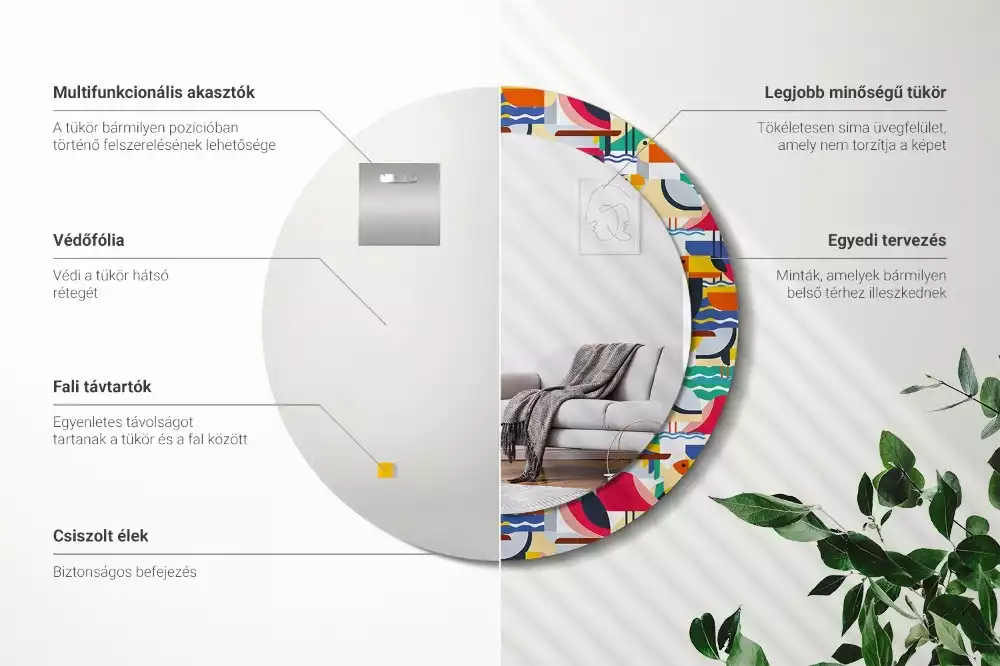 Miroir rond cadre avec impression Oiseaux tropicaux géométriques