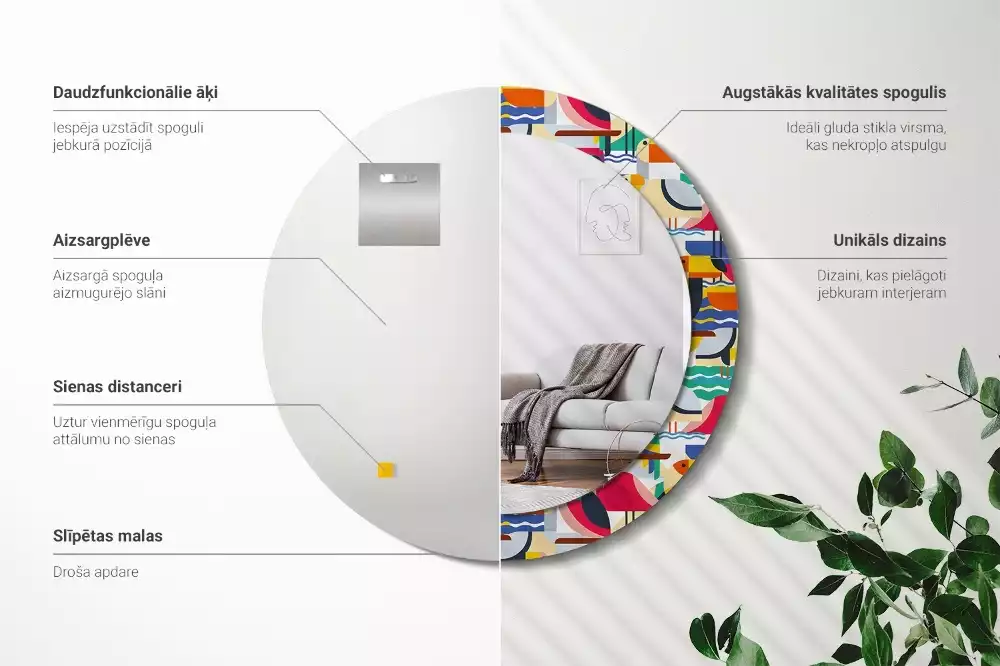 Miroir rond cadre avec impression Oiseaux tropicaux géométriques