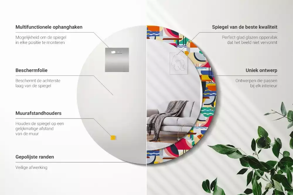 Miroir rond cadre avec impression Oiseaux tropicaux géométriques