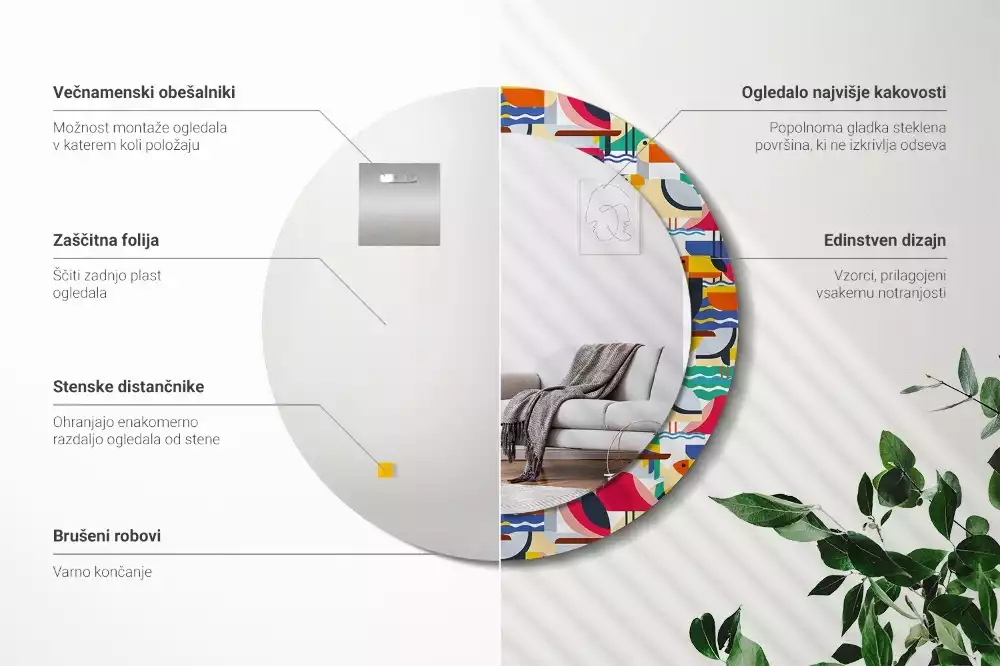 Miroir rond cadre avec impression Oiseaux tropicaux géométriques