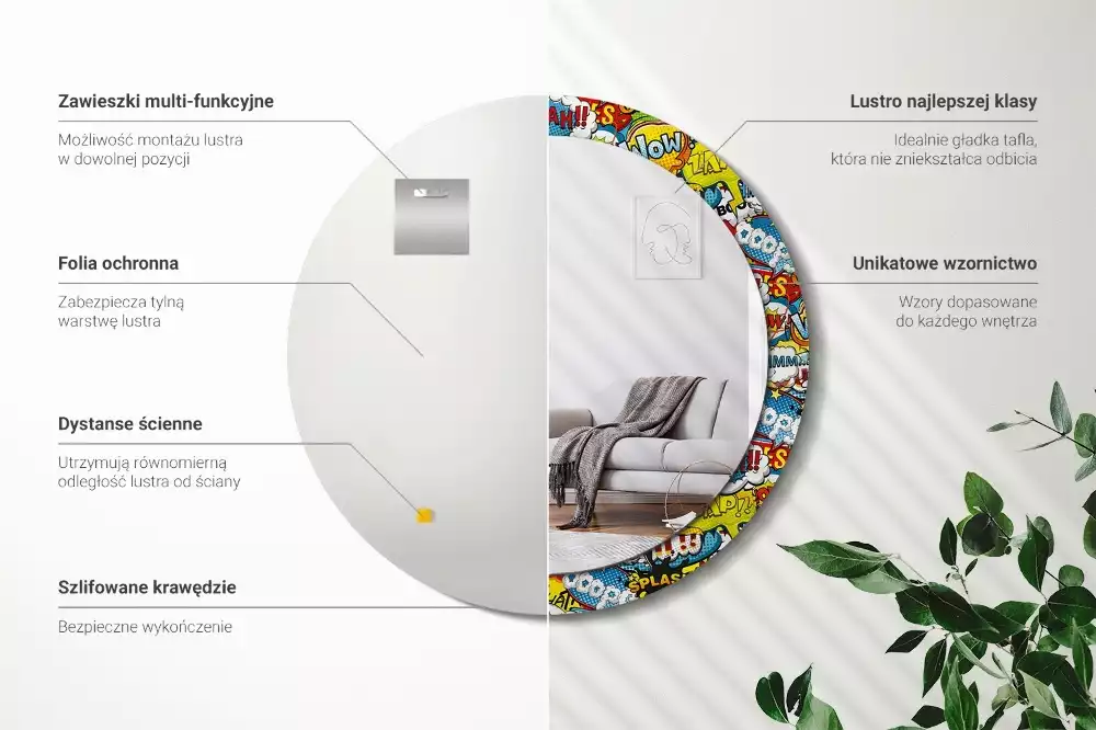 Miroir rond avec décoration Motif style BD