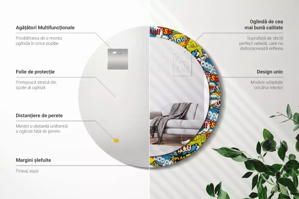 Miroir rond avec décoration Motif style BD