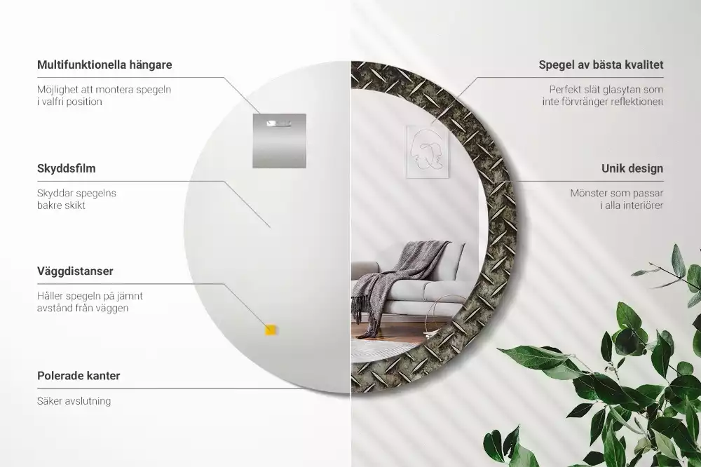 Miroir rond cadre avec impression Texture acier