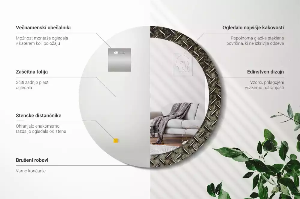 Miroir rond cadre avec impression Texture acier