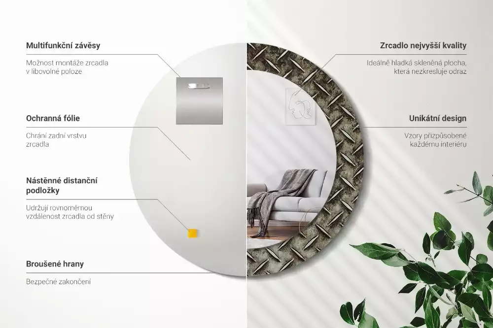 Miroir rond cadre avec impression Texture acier