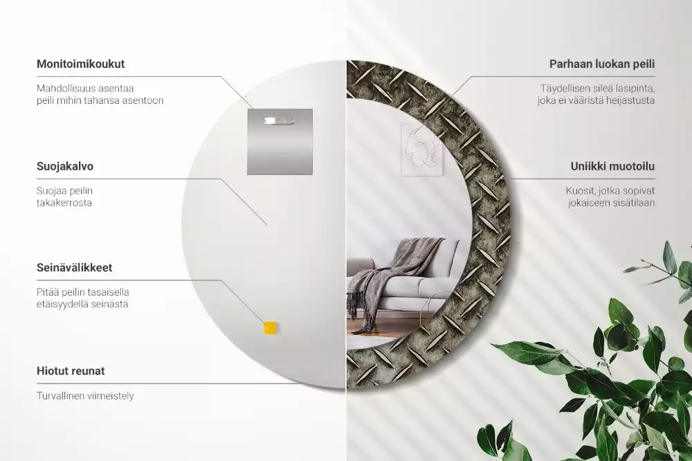 Miroir rond cadre avec impression Texture acier