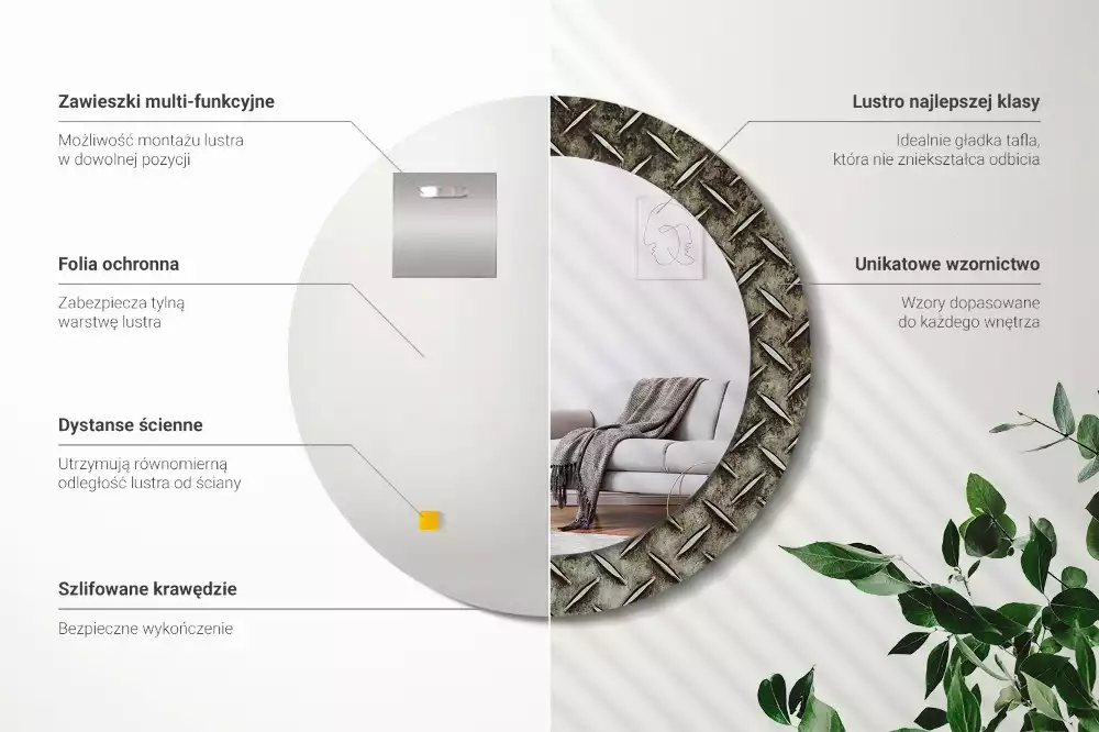 Miroir rond cadre avec impression Texture acier