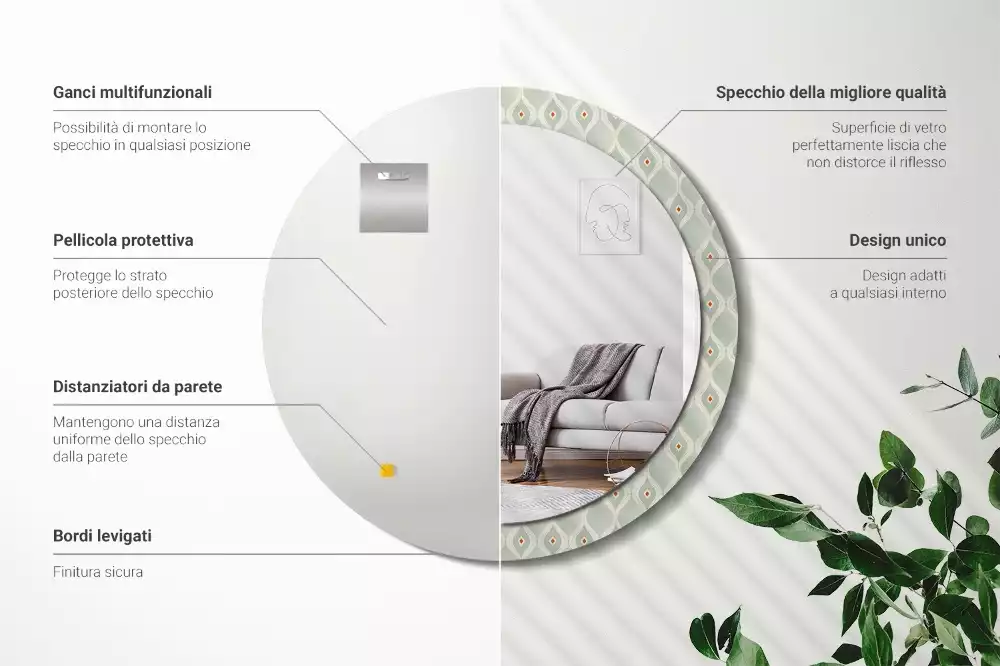 Miroir rond cadre avec impression Motif classique vintage