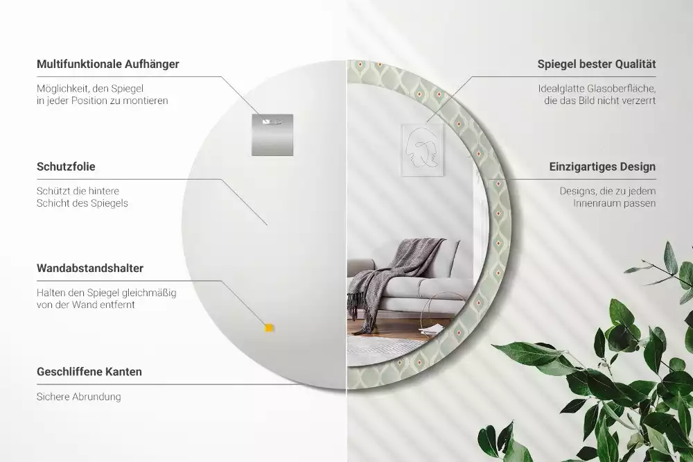 Miroir rond cadre avec impression Motif classique vintage