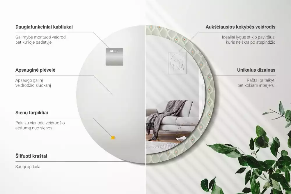 Miroir rond cadre avec impression Motif classique vintage